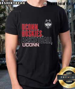 Official UConn Huskies basketball text logo overlay t-shirt featuring bold graphics and school colors for fans.