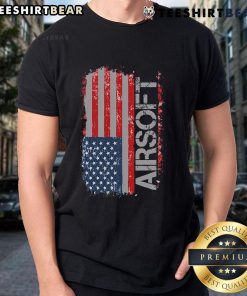 Official USA Flag Airsoft Shooting Sports Gun T-Shirt featuring a bold design, perfect for airsoft enthusiasts and patriotic fans.