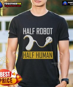 Original half robot half human cochlear implant awareness T-shirt design showcasing creativity and support for hearing health.