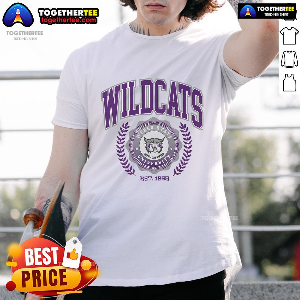 Original Weber State Wildcats Team Crest T Shirt Original Weber State Wildcats Team Crest T-Shirt featuring the iconic logo in purple and white on a classic fit tee.