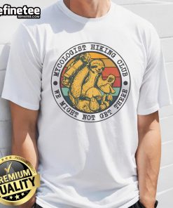 Premium Mycologist Hiking Club t-shirt featuring a funny sloth in vintage retro style, perfect for nature lovers.