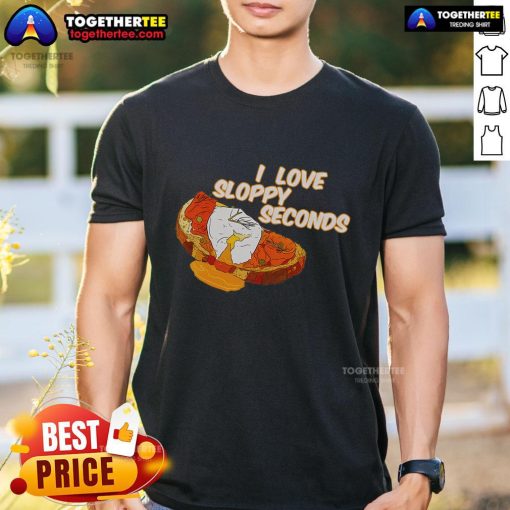 Funny 'I Love Sloppy Seconds Breakfast' meme T-shirt design featuring playful graphics and vibrant colors.