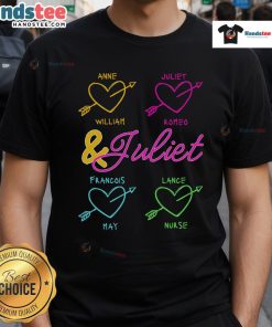 Pretty Juliet graffiti art on a love-themed musical theatre T-shirt, perfect for fans of heartwarming musicals.