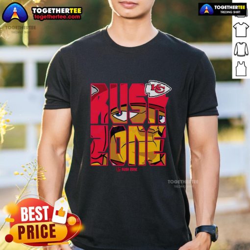 Cartoon Kansas City Chiefs football logo on a stylish NFL Rush Zone t-shirt, perfect for fans and game day attire.