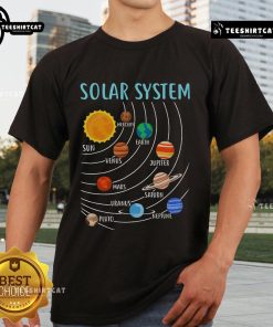 Colorful solar system planets graphic on a science-themed STEM t-shirt for space enthusiasts and kids.