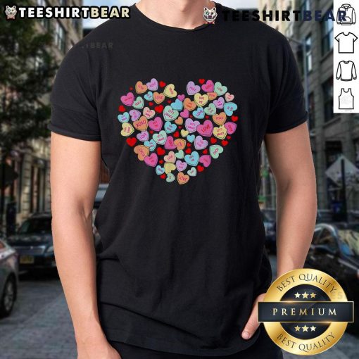 Pretty Valentines Day heart conversation candy Sweetheart T-shirt design featuring colorful candy heart graphics.