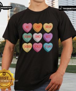 Pretty Valentine's Day Rizz candy heart T-shirt featuring colorful heart designs, perfect for celebrating love.
