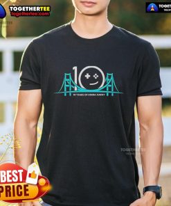 Top 10 Years Anniversary of Kinda Funny T-Shirt featuring vibrant design celebrating a decade of gaming and comedy.