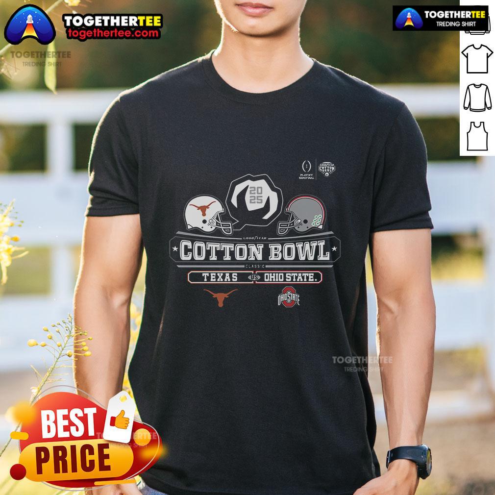 Top 2025 Cotton Bowl Texas Longhorns Vs Ohio State Buckeyes Matchup Football NCAA Division T-Shirt Top 2025 Cotton Bowl Texas Longhorns vs Ohio State Buckeyes NCAA Division T-Shirt showcasing team logos and vibrant colors.