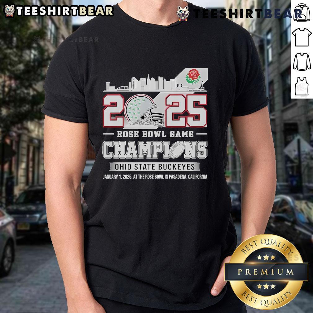 Top 2025 Rose Bowl Game Champions Ohio State Buckeyes Skyline T Shirt Ohio State Buckeyes Skyline T-Shirt celebrating the 2025 Rose Bowl Game Champions, featuring vibrant graphics and team colors.