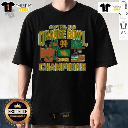 Top Black Notre Dame Fighting Irish College Football Playoff 2025 Orange Bowl T-Shirt featuring vibrant team logo.