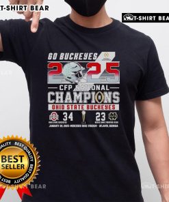Top Go Ohio State Buckeyes vs Notre Dame Fighting Irish 2025 CFP National Champions T-Shirt design featuring team logos.