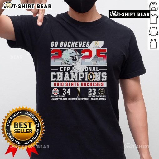 Top Go Ohio State Buckeyes vs Notre Dame Fighting Irish 2025 CFP National Champions T-Shirt design featuring team logos.