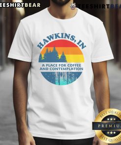 Top Hawkins retro t-shirt featuring coffee and contemplation design, perfect for fans of nostalgic apparel and cozy vibes.