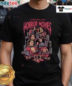 Top I Freaking Love Horror Movie Characters T-Shirt featuring iconic horror film characters in vibrant colors.