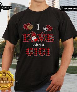 Alt Text: Top I Love Being A Gigi Gnomes Red Plaid Heart Valentines Day T-Shirt design featuring cute gnome graphics.