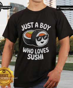 Top Just A Boy Who Loves Sushi Retro Japanese Food T-Shirt design featuring playful sushi graphics and vibrant colors.
