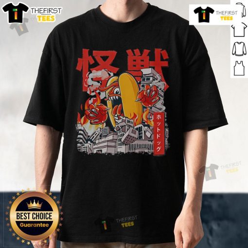 Top Kaiju Hot Dog T-Shirt featuring a vibrant Japanese anime monster design with a delicious hotdog theme.