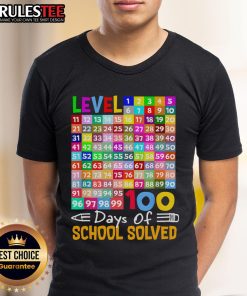 Top Level 100 Days Of School Solved Math Teacher Students T-Shirt featuring fun graphics for educators and students.