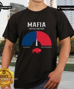 Buffalo Bills football fans wearing 'Top Mafia Mood Meter' T-shirt, showcasing team spirit and passion for the game.