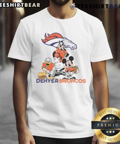 Top Mickey and Friends Denver Broncos Disney T-Shirt featuring vibrant graphics of Mickey, Donald, and Goofy in team colors.