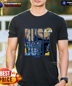 Alt Text: Cartoon-style Los Angeles Rams football T-shirt featuring NFL Rush Zone design, perfect for fans and collectors.