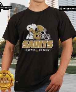 Alt Text: Top NFL The Peanuts Movie Snoopy Forever Win Or Lose football T-shirt featuring New Orleans Saints design.