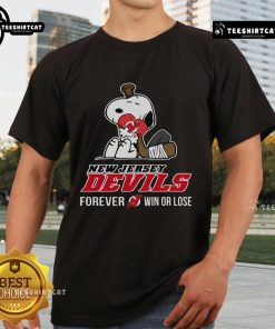 Alt Text: Top NHL The Peanuts Movie Snoopy Forever Win or Lose Hockey T-Shirt featuring New Jersey Devils design.