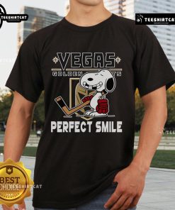 Alt Text: Top NHL Vegas Golden Knights Snoopy T-Shirt featuring a perfect smile from The Peanuts Movie, perfect for hockey fans.