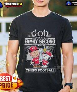 Top Peanuts X God First Family Second Kansas City Chiefs Super Bowl T-Shirt featuring playful graphics and team spirit.