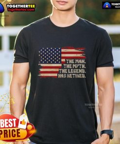 Top Retirement T-Shirt featuring 'The Legend Has Retired' text with an American flag design, perfect for retirement celebrations.
