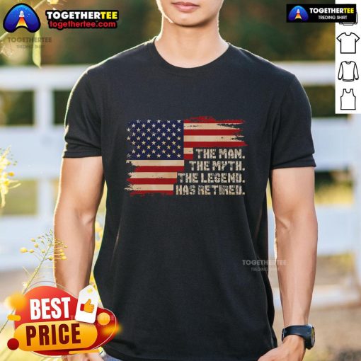 Top Retirement T-Shirt featuring 'The Legend Has Retired' text with an American flag design, perfect for retirement celebrations.