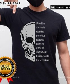 Top Shakespeare's Hamlet Cast & Skull T-Shirt featuring iconic characters and a skull design for literary fans.