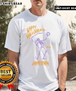 Alt Text: Top skeleton reaper in a neon purple t-shirt holding a pumpkin, perfect for Halloween decorations.