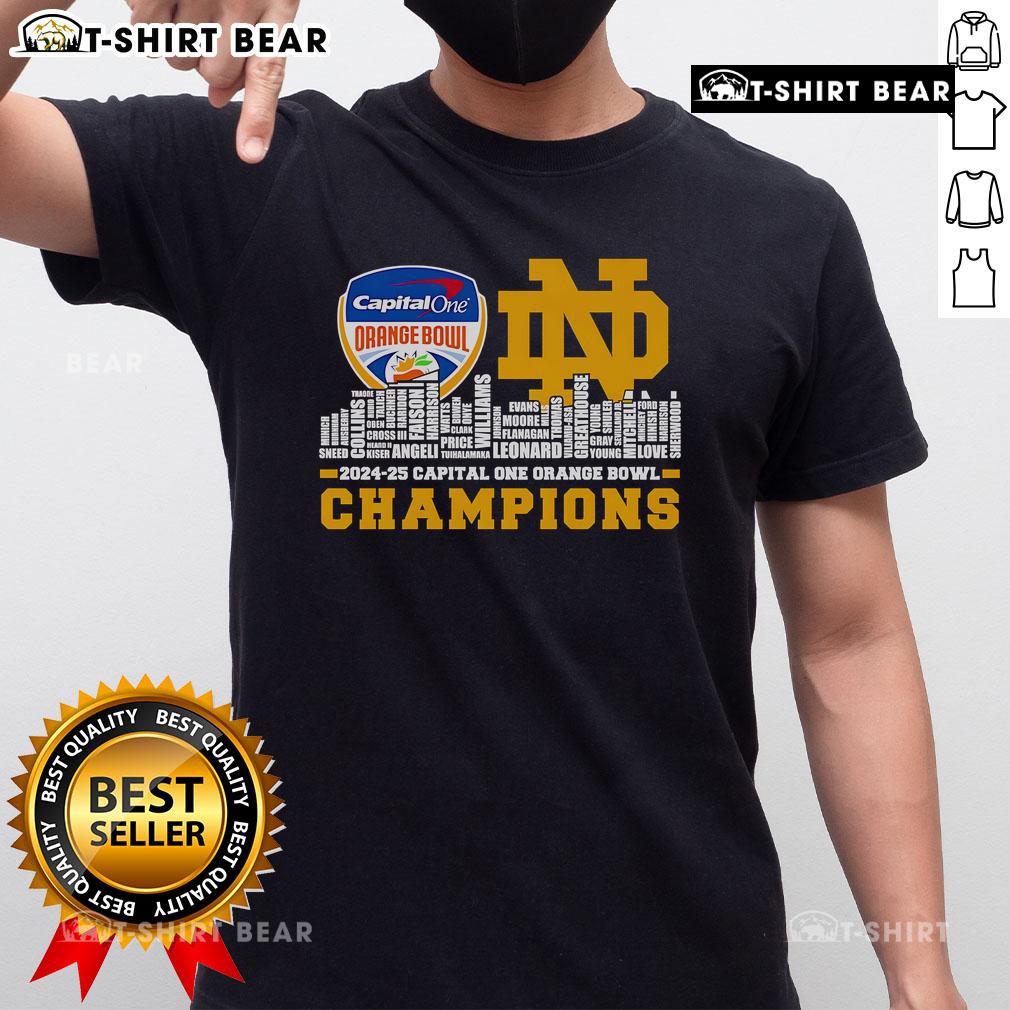 Top Skyline City 2024-25 Capital One Orange Bowl Champions Notre Dame Fighting Irish T-Shirt Alt Text: Notre Dame Fighting Irish T-Shirt celebrating 2024-25 Capital One Orange Bowl Champions with a vibrant skyline design.