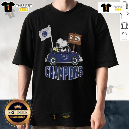 Top Snoopy and Woodstock car design on Notre Dame Fighting Irish NCAA Bowl Champions T-shirt for fans.