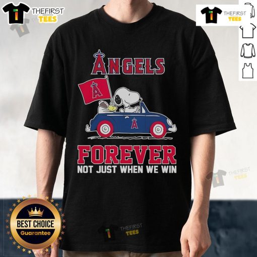 Snoopy and Woodstock driving a car on a Los Angeles Angels T-shirt, celebrating 2024 with a fun message.
