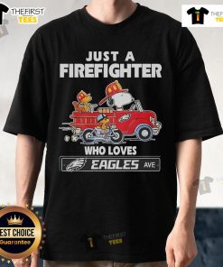 Top Snoopy and Woodstock driving a car on a firefighter NFL Philadelphia Eagles t-shirt design.