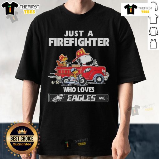 Top Snoopy and Woodstock driving a car on a firefighter NFL Philadelphia Eagles t-shirt design.