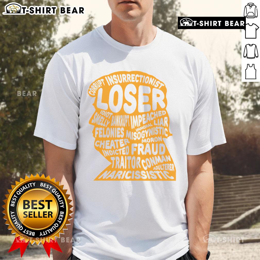 Top Trump Outline Loser Corrupt Idiot Liar Felonies Fraud T Shirt Top Trump Outline T-Shirt featuring bold text: 'Loser, Corrupt, Idiot, Liar, Felonies, Fraud' for political satire.