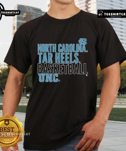 Alt Text: Top Unc Basketball Text Logo Overlay T-Shirt featuring a bold UNC logo on a stylish tee design for fans.