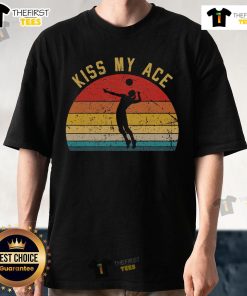 Alt Text: Retro vintage sunset t-shirt featuring Kiss My Ace with a volleyball player, perfect for volleyball enthusiasts.