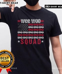 Top Wee Woo Squad Fire Truck T-Shirt featuring the American flag design, perfect for firefighters and patriotic fans.