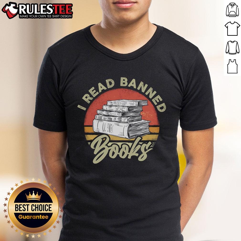 Awesome I Read Banned Books I'M With The Banned Vintage Retro Sunset T Shirt Alt Text: Vintage retro sunset t-shirt featuring Awesome I Read Banned Books I'M With The Banned slogan for book lovers.