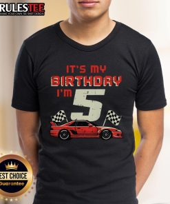 Colorful race car graphic on a 5th birthday t-shirt for boys, celebrating an awesome 5th birthday milestone.