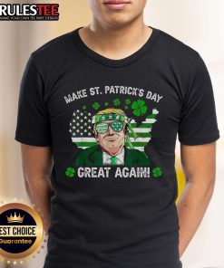 Awesome Make St Patrick's Day Great Again T-Shirt featuring Trump, US flag, and Irish clover design for festive celebrations.