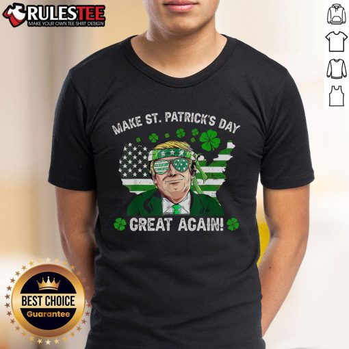 Awesome Make St Patrick's Day Great Again T-Shirt featuring Trump, US flag, and Irish clover design for festive celebrations.
