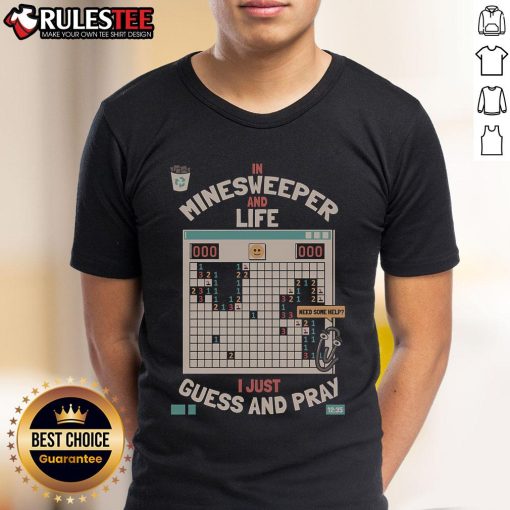 Retro 'Awesome The Minesweeper Philosophy' T-Shirt featuring a whimsical design on guessing and praying in Minesweeper and life.