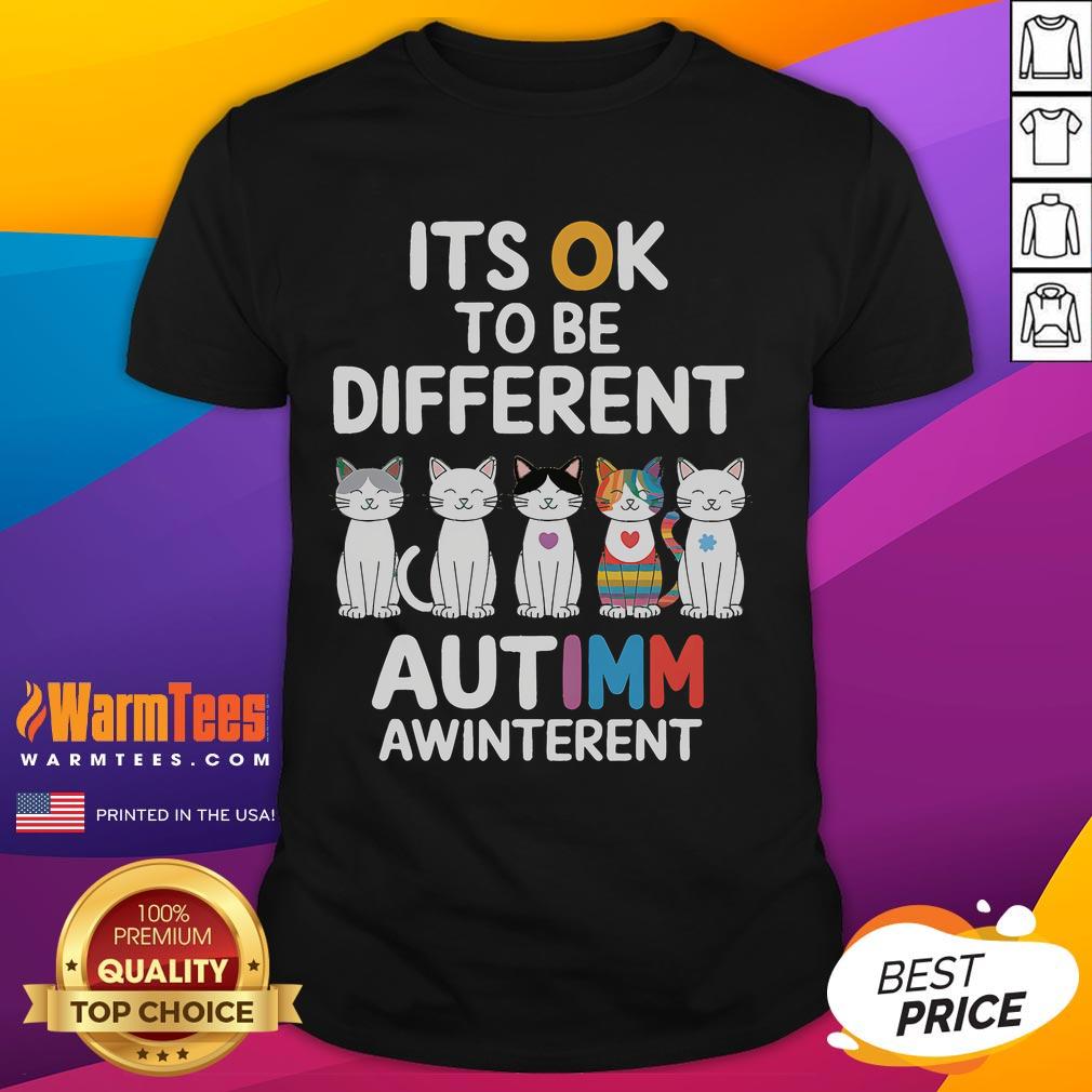Cute Autism Awareness Cat It'S Ok To Be Different T Shirt Alt Text: Cute Autism Awareness Cat T-Shirt with 'It's OK to be Different' slogan, promoting acceptance and diversity.