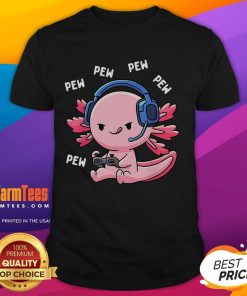 Adorable axolotl gaming anime design on a Pew Gamer T-shirt, perfect for gamers and anime lovers.
